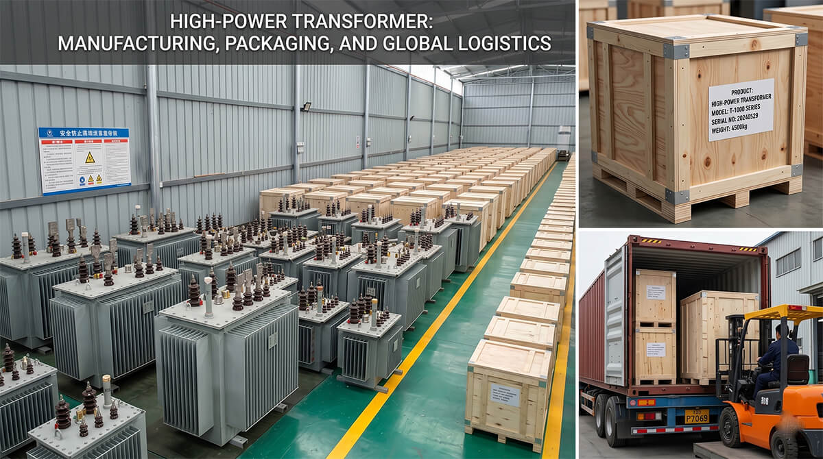 Global logistics process for 200kVA oil immersed distribution transformers showing heavy-duty wooden crates and container loading