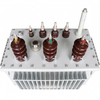 Top view of 315kVA 10kV to 0.4kV oil immersed distribution transformer showing high and low voltage porcelain bushings
