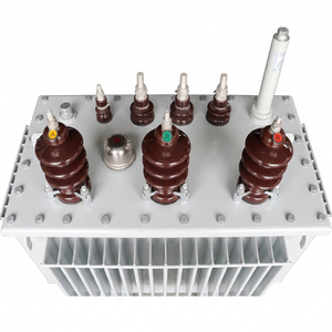 Top view of 315kVA 10kV to 0.4kV oil immersed distribution transformer showing high and low voltage porcelain bushings