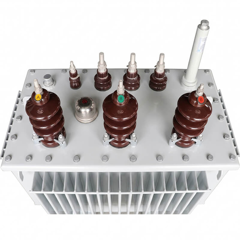 Top view of 315kVA 10kV to 0.4kV oil immersed distribution transformer showing high and low voltage porcelain bushings