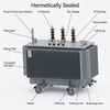 Structural diagram of 200kVA oil immersed distribution transformer showing hermetically sealed tank and bottom casters