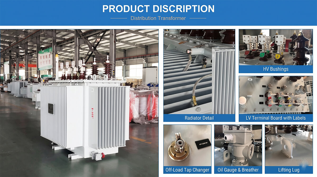 Detailed accessories of 630kVA oil immersed distribution transformer including HV bushings, radiator detail, off-load tap changer, and oil gauge