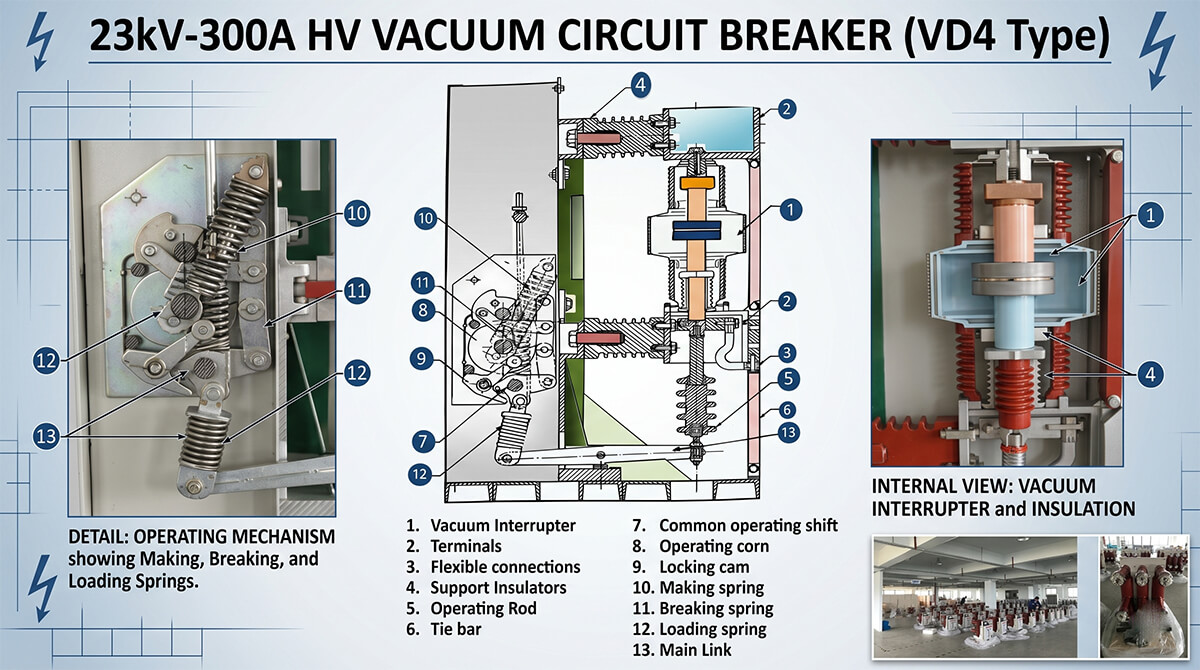 Internal structure diagram of high voltage vacuum circuit breaker showing vacuum interrupter and operating mechanism details