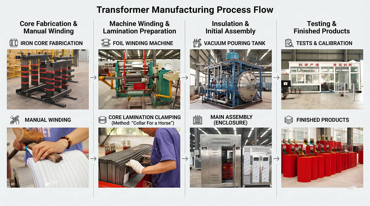 Manufacturing process flow of cast resin dry type transformers including foil winding, vacuum pouring tank, and testing