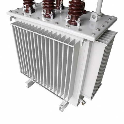 Front view of 100kVA 10kV to 0.4kV fully sealed oil immersed distribution transformer with corrugated tank