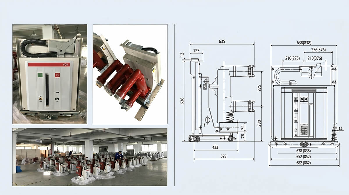 Installation CAD dimensions, withdrawable chassis, and solid insulation embedded pole details of VS1-12P vacuum circuit breaker