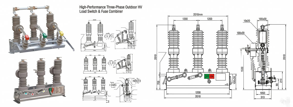 Technical CAD drawings, installation dimensions, and internal structural components of ZW32-12FG intelligent outdoor vacuum circuit breaker