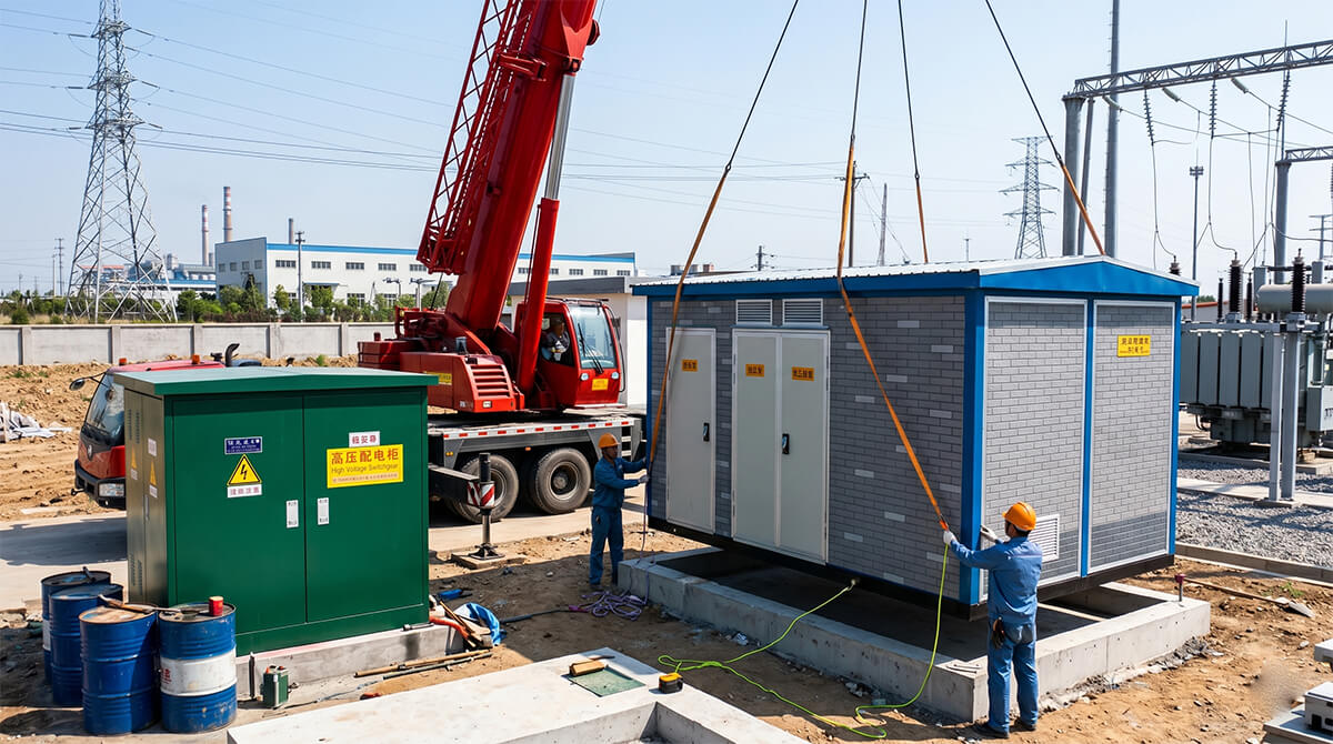 On-site crane hoisting of a 12kV/0.4kV prefabricated compact substation for infrastructure engineering project