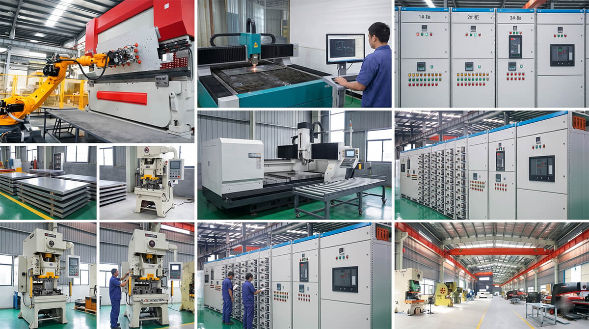 Manufacturing facility collage featuring robotic sheet metal bending, laser cutting, CNC machining, and electrical switchgear assembly production line.