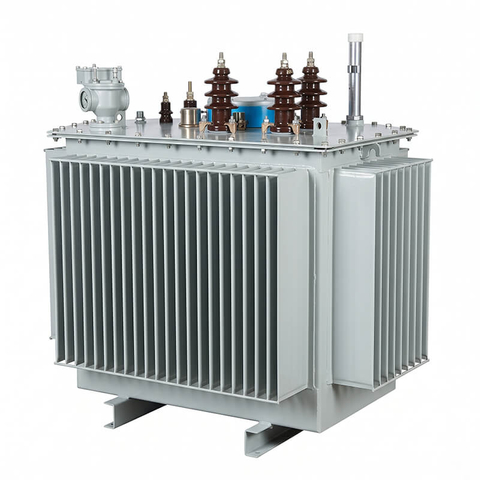 Front angle view of S11-M series 500kVA 10kV to 0.4kV 3-phase fully sealed oil immersed distribution transformer