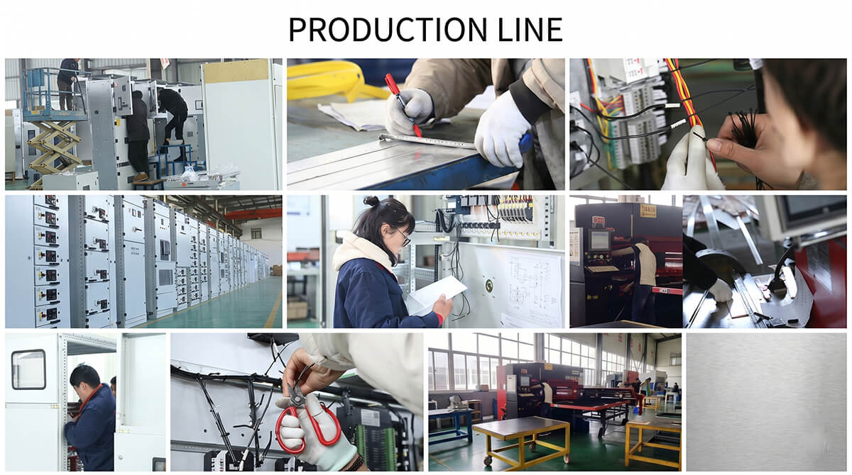Manufacturing facility production line showing workers assembling, wiring, and testing high-voltage vacuum circuit breakers and switchgear