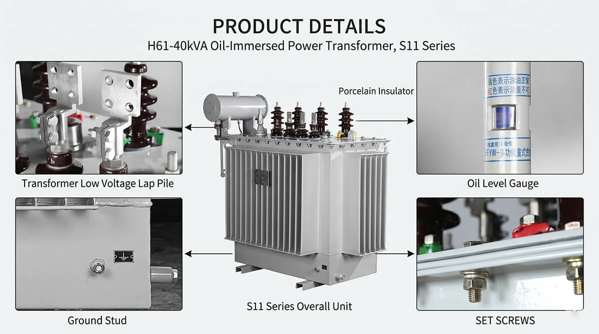 Detailed components of 315kVA oil immersed distribution transformer including porcelain insulator, oil level gauge, and ground stud